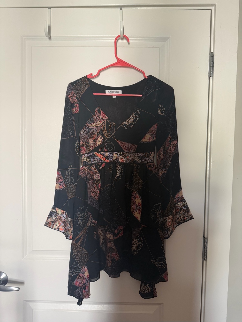 Elizabeth and James Black Paisley-Print Long Sleeve Mini Dress